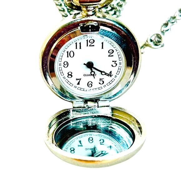 Bird Cage Graphic Enamel Quartz Locket Watch on Silver Tone Chain Necklace - Picture 3 of 4